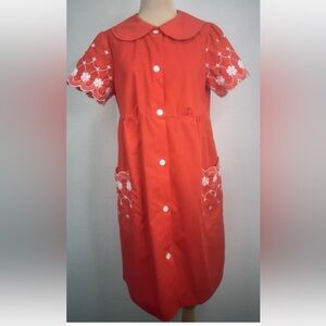 Vintage 60's Rockabilly Red White Floral Embroidered Button Front House Dress M